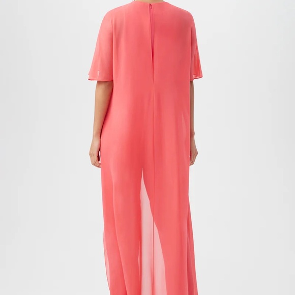 Trina Turk Pants - Chic Capote Jumpsuit with sheer short sleeve silk chiffon high-low overlay.